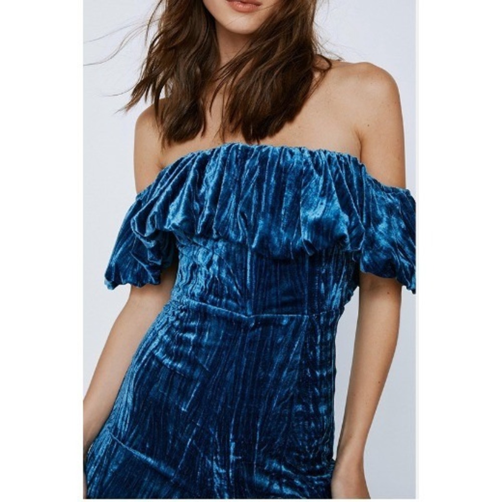 Nasty Gal Velvet Bardot Jumpsuit Womens 4 Blue Ruffle Off Shoulder Party Holiday